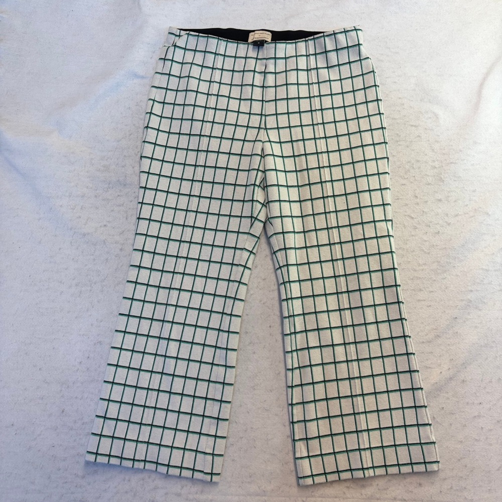 Anthropologie The Essential Crop Flare Pants Womens M White Green Grid Plaid